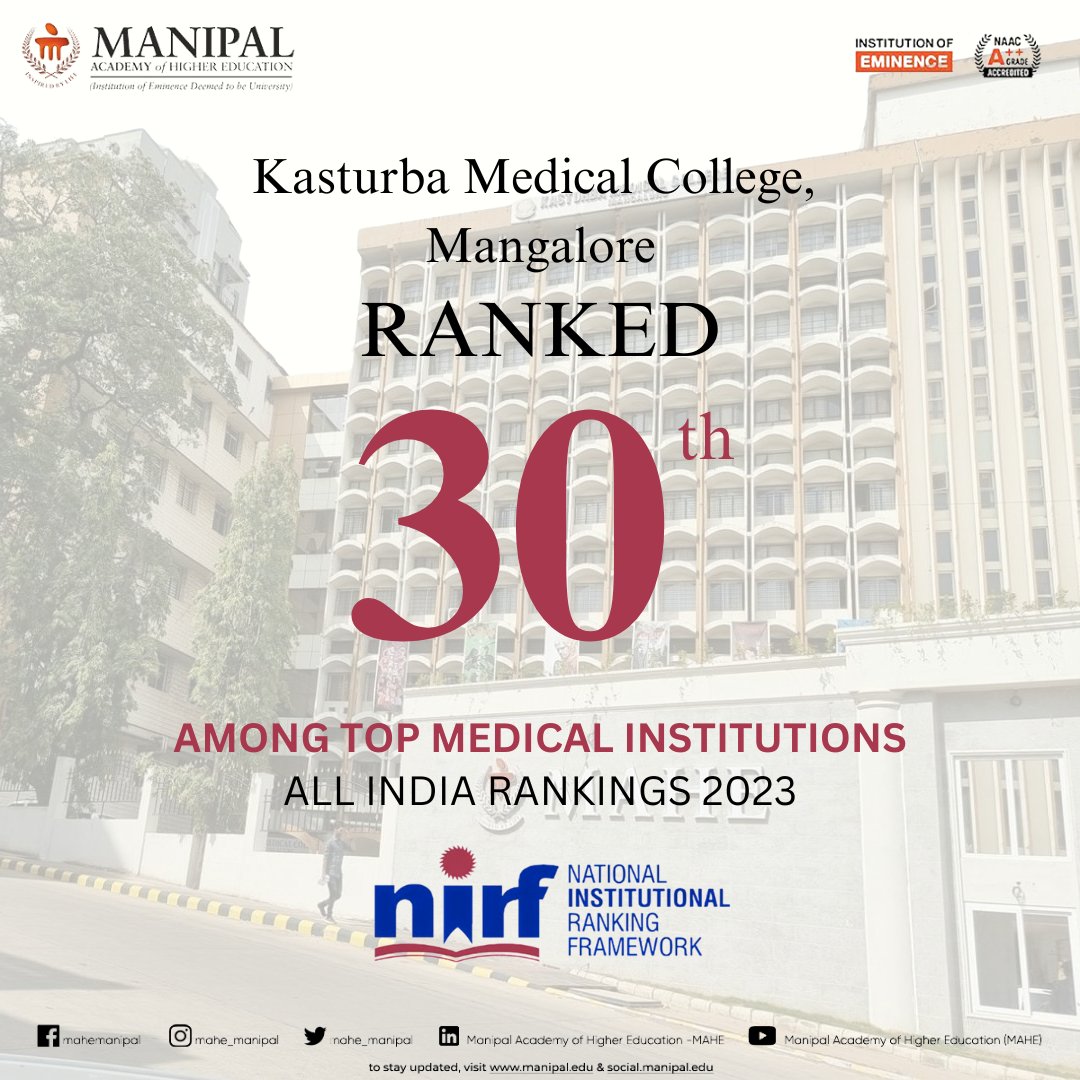 In the prestigious NIRF 2023 rankings, Kasturba Medical College (#KMC), Mangalore, has earned 30th place in the Medical College category.  

Sincere congrats to the entire MAHE family on this outstanding accomplishment!  

#NIRFRankings2023 #Manipal #MAHE #MAHEManipal