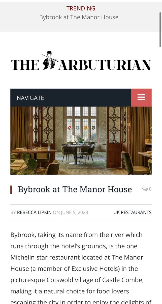 New restaurant review <a href="/Arbuturian/">The Arbuturian</a> - Bybrook at The Manor House, Castle Combe <a href="/Exclusive_Hotel/">Exclusive Collection</a> - hats off to Exec Chef <a href="/Robertpotter999/">Robert Potter</a> for flying the flag for British gastronomy: arbuturian.com/food/restauran… #restaurants <a href="/MichelinGuideUK/">The MICHELIN Guide</a>