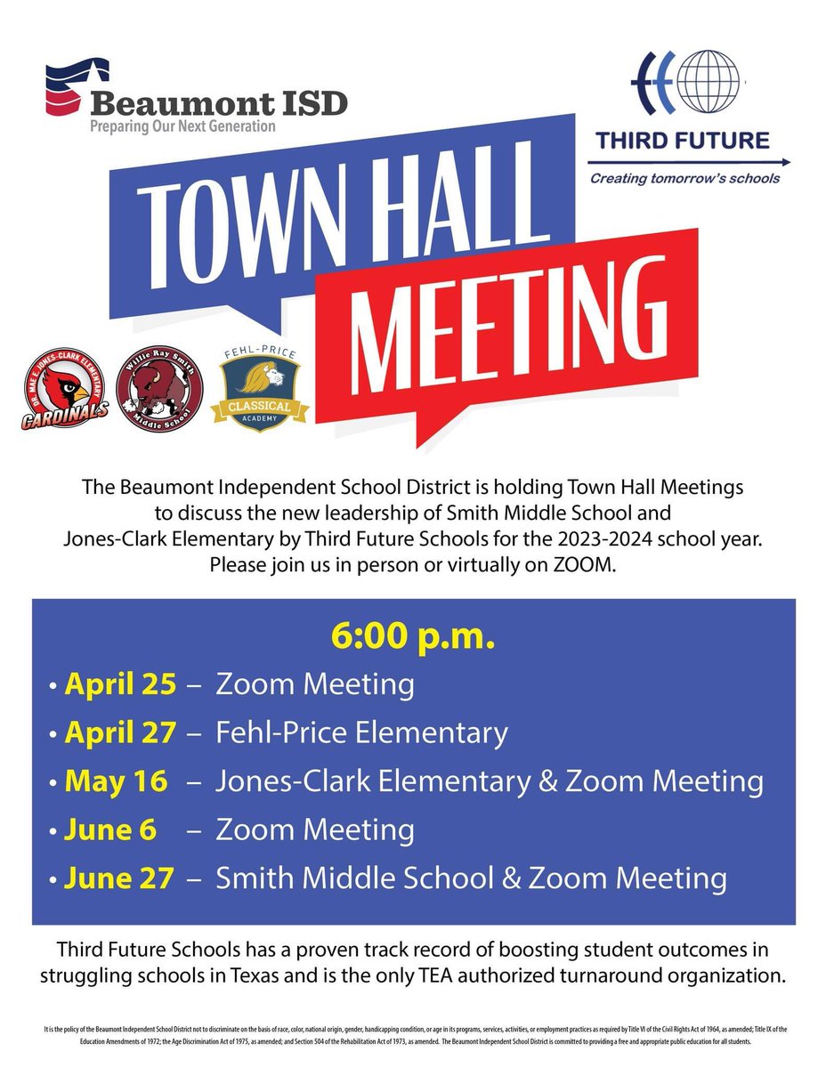 Did you know Third Future School campuses in BISD start August 2? Parents and students of Smith, Jones-Clark and Fehl-Price can get questions answered about new leadership THIS Tuesday at 6 p.m. via Zoom: lnkd.in/gMhE5mYa.