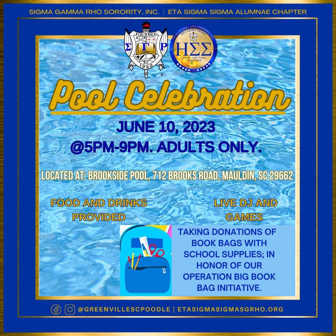 GvilleSCPoodles's tweet image. Join us on June 10th for a FREE adult-only Pool Celebration.

Bring book bags and school supplies to donate.

Come party with a purpose with us!

#EtaSigmaSigma #SigmaGammaRho
#OperationBigBookBag #Swim1922
#PoolCelebration #PartyWithAPurpose
#GreenvilleSCPoodles #Greater