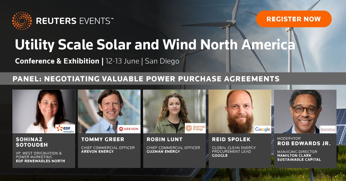 Don't miss out! Join Guzman Energy's own Robin Lunt for the Negotiating Valuable Power Purchase Agreements panel at Reuters Events: Utility Scale Solar &amp; Wind 2023 (San Diego, June 12-13) Register here: lnkd.in/emJ3Ykqi
#usswna2023 #renewableenergy #solarenergy #windenergy