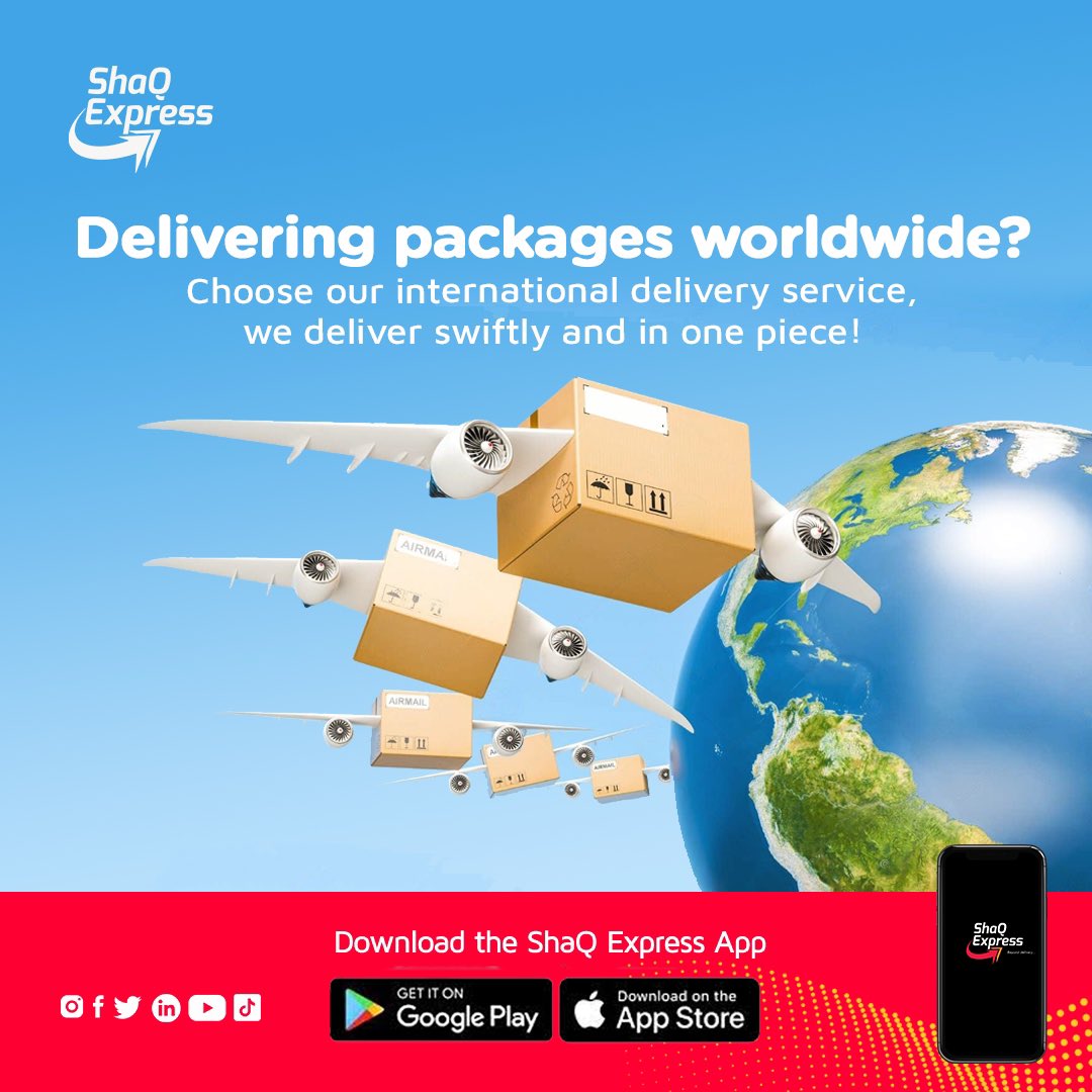 We are swift, secure and global. Choose our international delivery option to deliver worldwide across 33+ countries with just few taps. 

Download the ShaQ Express app today! 
 onelink.to/hkdfp8

#shaqexpress #courierservice #internationaldelivery