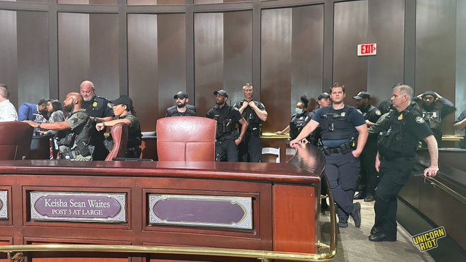 Moments before Atlanta City Council voted to fund Cop City, they brought these guys into the chambers. Because their rule comes from their strength and not their legitimacy. We have plenty of legitimacy where they do not. Now it is time for us to be strong.
