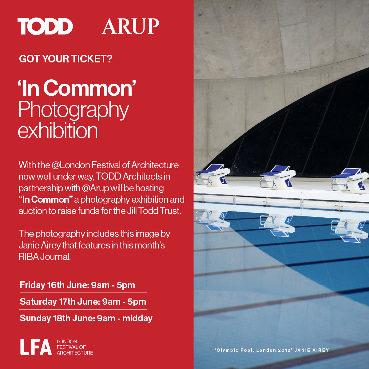 GOT YOUR TICKET?

With the <a href="/LFArchitecture/">London Festival of Architecture</a> well underway this month, get your free ticket for ‘In Common’ a photography exhibition we will be hosting in partnership with <a href="/Arup/">Arup</a> to raise funds for the Jill Todd Trust.

bit.ly/43fgHf8