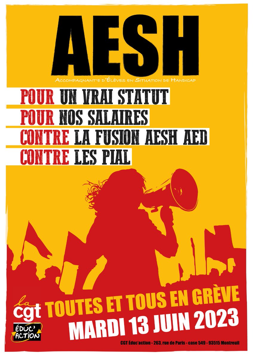 cgt_educ's tweet photo. Le 13 juin toutes et tous en grève pour les aesh ! Pour un vrai statut, un salaire décent, contre les PIAL, contre l'idée hallucinante de fusionner les statuts d'AEd et d'AESH... Les raisons ne manquent pas pour soutenir cette profession déconsidérée. #greve13juin #aesh #cgteduc https://t.co/uHXCAFvsm4