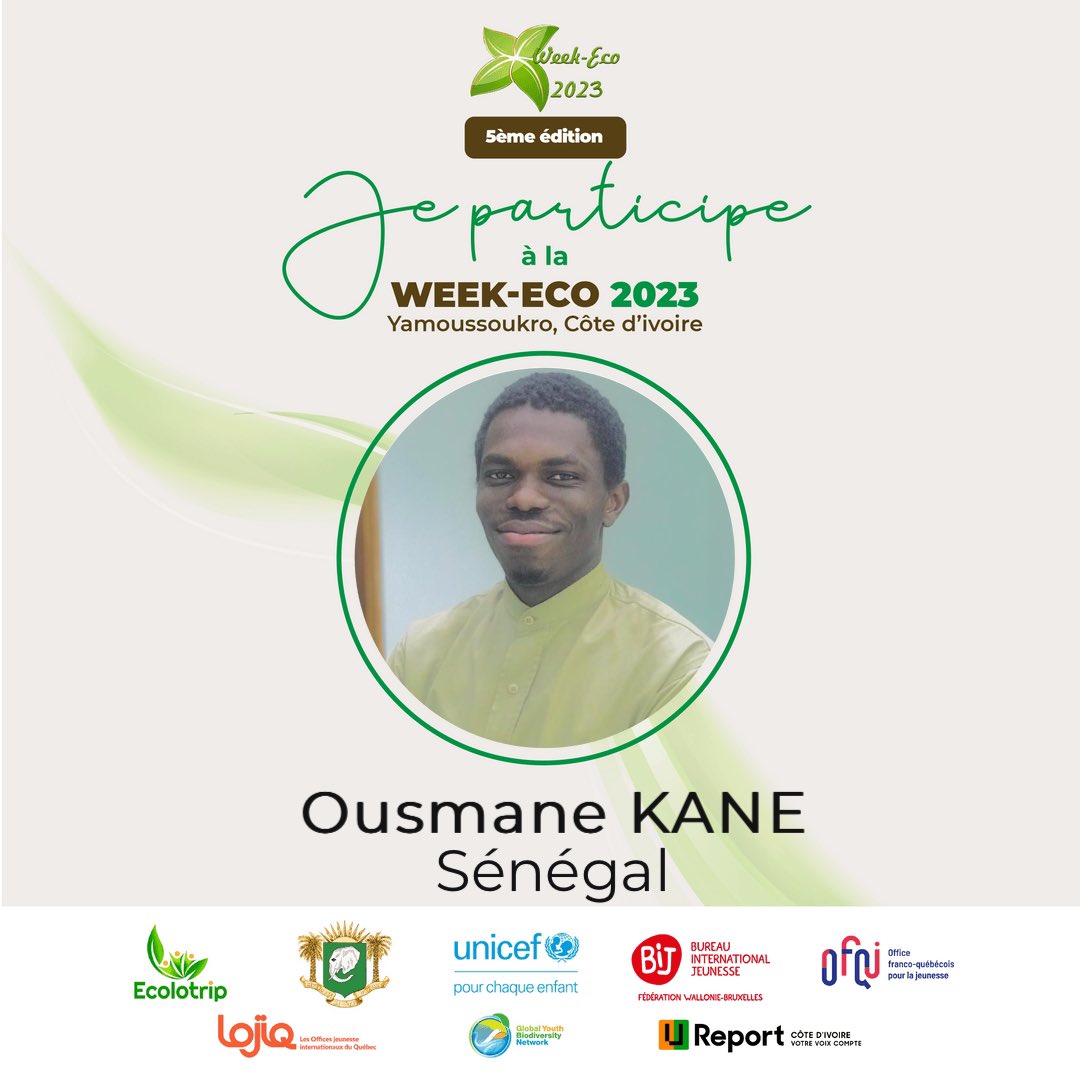 Bonjour, je suis Ousmane KANE du Sénégal. Je suis Volontaire à CorpsAfrica/Sénégal et je participe à la Week-Eco 2023 organisée par Ecolotrip et ses partenaires qui se tiendra du 20 au 24 Juin à Yamoussoukro en Côte d'Ivoire.
#WeekEco #WeekEco2023 #Ecolotrip #Yamoussoukro