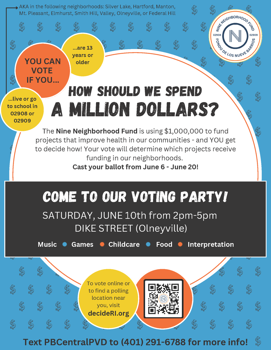 1_neighborhood's tweet photo. 🗳️Attention 02908 and 02909 residents! You have the power to decide how to spend $1M for community health in your area. Voting today-June 20. Voting party Saturday with free hot wieners from @OlneyvilleNYSys 🌭 or vote online https://t.co/6xNLylH4OE or to find other locations. https://t.co/daf0jPeaC4