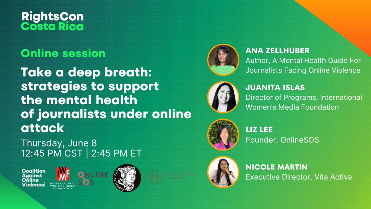 📢 Mark your calendars for June 8!  

Join us in our powerful <a href="/rightscon/">RightsCon</a> online session "Take a deep breath: strategies to support the mental health of journalists under online" in partnership with
<a href="/onlinesosorg/">OnlineSOS</a>, <a href="/AnaZellhuber/">Ana Zellhuber</a>, and <a href="/VitaActivaOrg/">VitaActiva</a> 

⏰12:45PM CST | 2:45PM ET