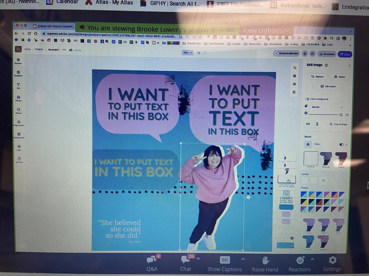 So excited to be participating in this <a href="/friEdTechnology/">friEdTechnology Team</a> webinar about using <a href="/AdobeExpress/">Adobe Express</a> for creativity. Fast &amp; easy w/ so many cool features! #Magic #friedFan  @ZimmerJzimmer <a href="/CPolniak/">Christine Polniak</a> <a href="/spkowalski/">Sue Kowalski</a> <a href="/B_OutoftheBox/">Brooke Lowery</a> <a href="/koconnoresm/">Kieran O'Connor</a> <a href="/MicheleGipe/">Michele Gipe</a> <a href="/aturbeville21/">Adrienne Turbeville</a> <a href="/KEJaquin/">Katie Jaquin</a> <a href="/MrTimPatterson/">Tim Patterson</a>