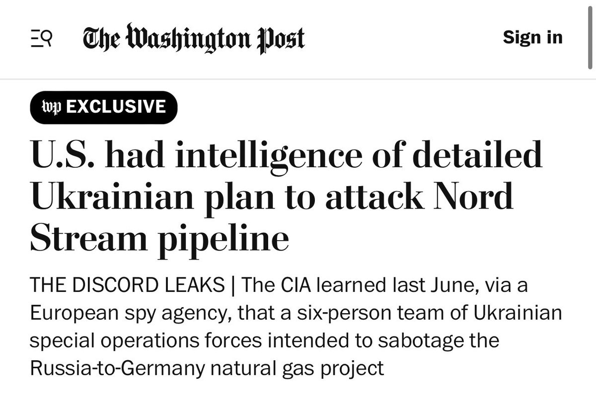 jacksonhinkle's tweet photo. The Washington Post is now blaming the Nord Stream Terror attack on Ukraine, claiming that the CIA had detailed knowledge of the terror plot dating months back.

We all know the Nord Stream bombing was cooked up by the deep state and wouldn’t have happened without US approval. https://t.co/PP5N5LhK3K
