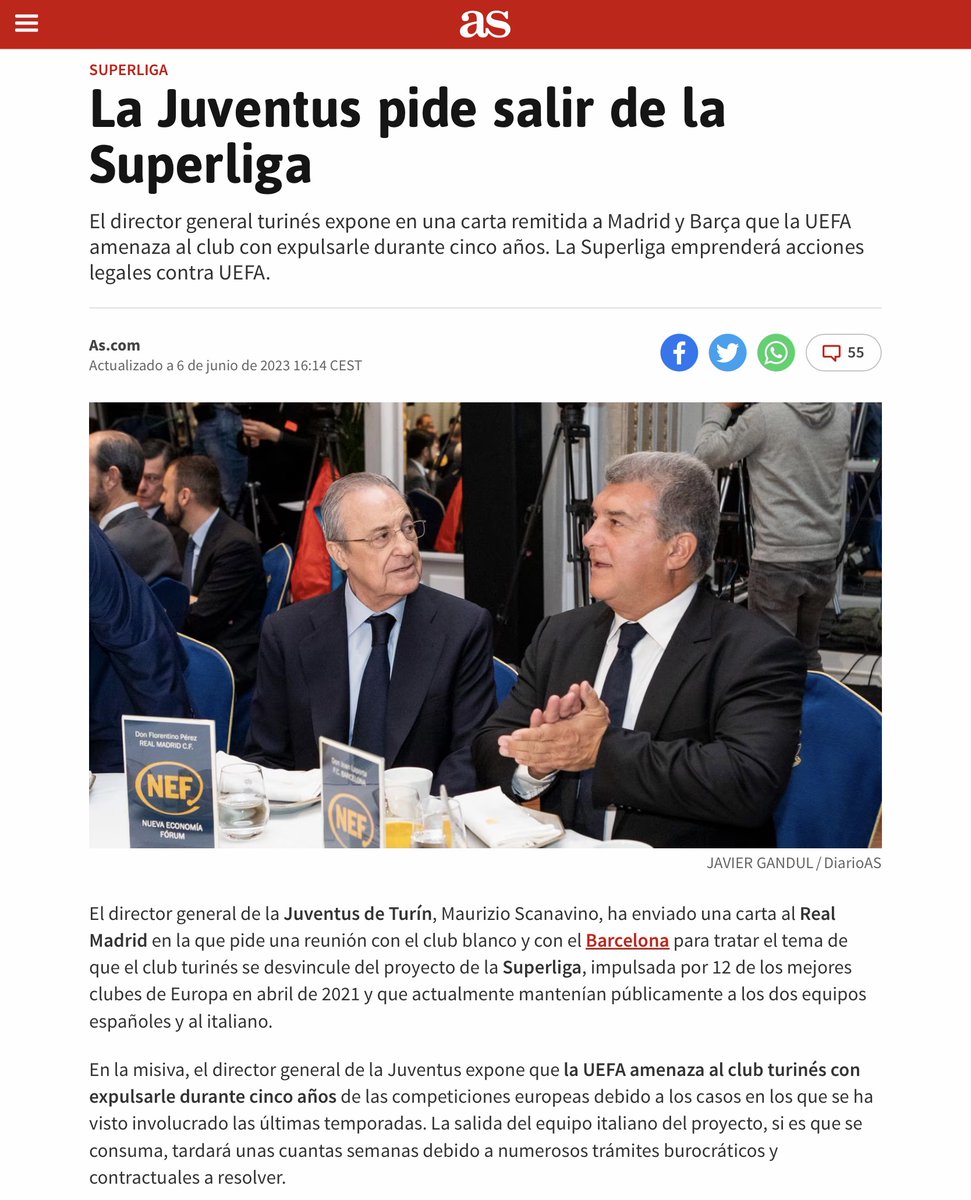 ZZiliani's tweet photo. L'UEFA minaccia 5 anni di esclusione per la Juve (e Scanavino vuole incontrare Real e Barça)
Secondo AS, la lettera spedita dalla Juve ai compari di Superlega si spiega con la disperazione del club bianconero che teme una durissima punizione dagli organi di giustizia di Nyon
(su https://t.co/l4gP5JEXPE e su Twitter per abbonati, adesso)