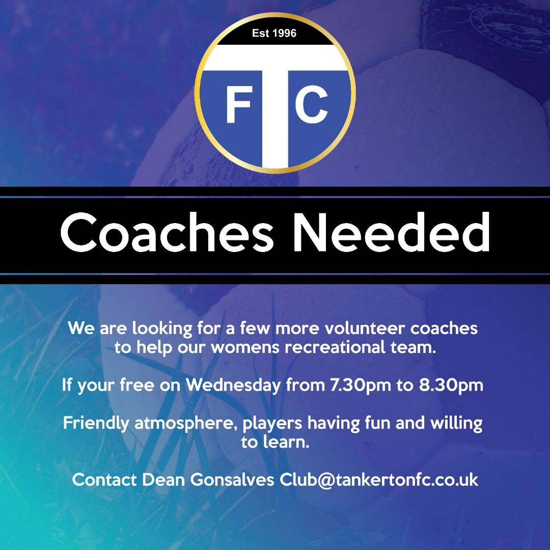Coaches Needed

We are looking for a few more volunteer coaches to help our womens recreational team.

If your free on Wednesday from 7.30pm to 8.30pm 

Friendly atmosphere, players having fun and willing to learn.

Contact Dean Gonsalves Club@tankertonfc.co.uk