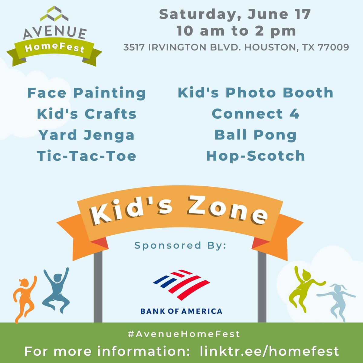 Spotlight On:

Kid's Zone! Get ready for a fun-packed day with face painting, crafts, photo booths, and games!

Special thanks to <a href="/BankofAmerica/">Bank of America</a>!

#AvenueHomeFest