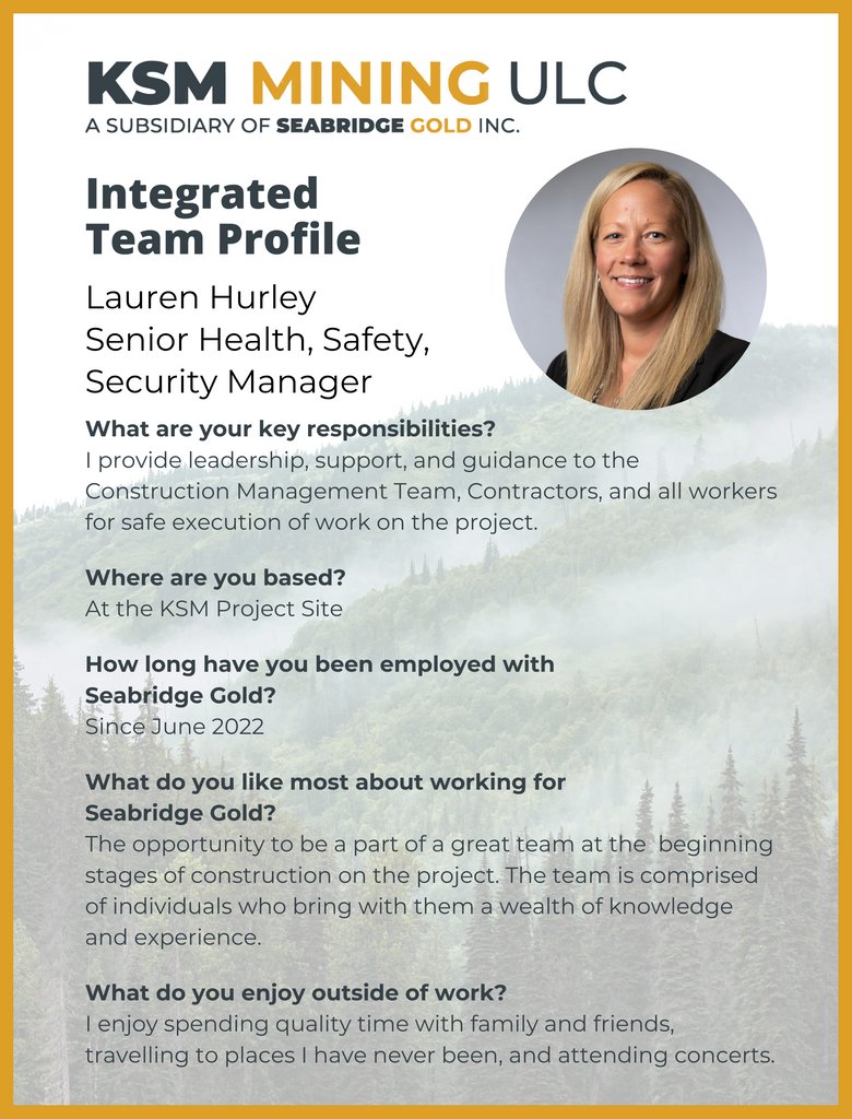 SeabridgeInc's tweet photo. This week's #TuesdayTeamFeature is Lauren Hurley, the Senior Health, Safety, Security Manager with our KSM Integrated Team. Lauren's guidance ensures the safe execution of work on the #KSMProject site. Check out her profile to learn more about her role and experience.

#Seabridge https://t.co/MvUQmuKs4E