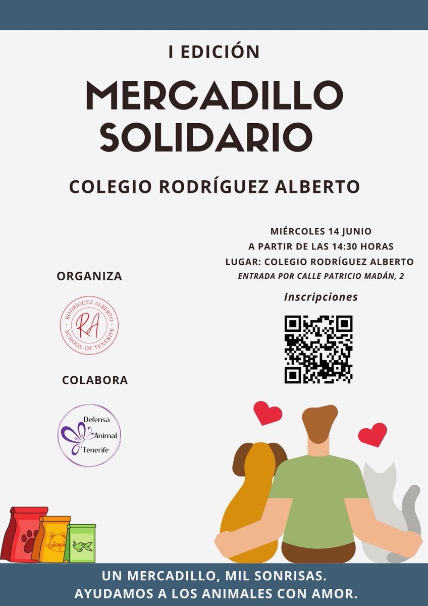 RodriguezAlbe02's tweet photo. El próximo día 14 tenéis una cita a la que no podéis faltar: el mercadillo solidario de El Colegio Rodríguez Alberto.

Organizado por 3º y 4º de la ESO, el fin será el de recaudar fondos para la asociación Defensa Animal de Tenerife🐶🐱

Esperamos veros a todos allí 💝 https://t.co/H0ihkLMWhd