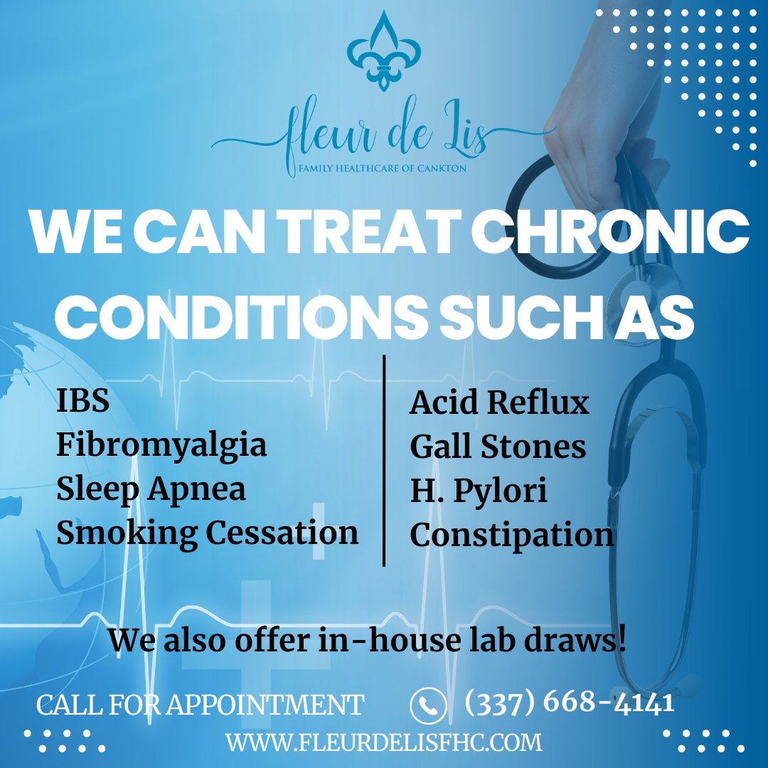 Achieve better health and well-being with the power of professional care and support for treating chronic conditions. #Healthyliving

Fleur de Lis Healthcare of Cankton 
Appointments: (337) 668-4141
376 Main Street 
Cankton, LA 70584
fleurdelisfhc.com