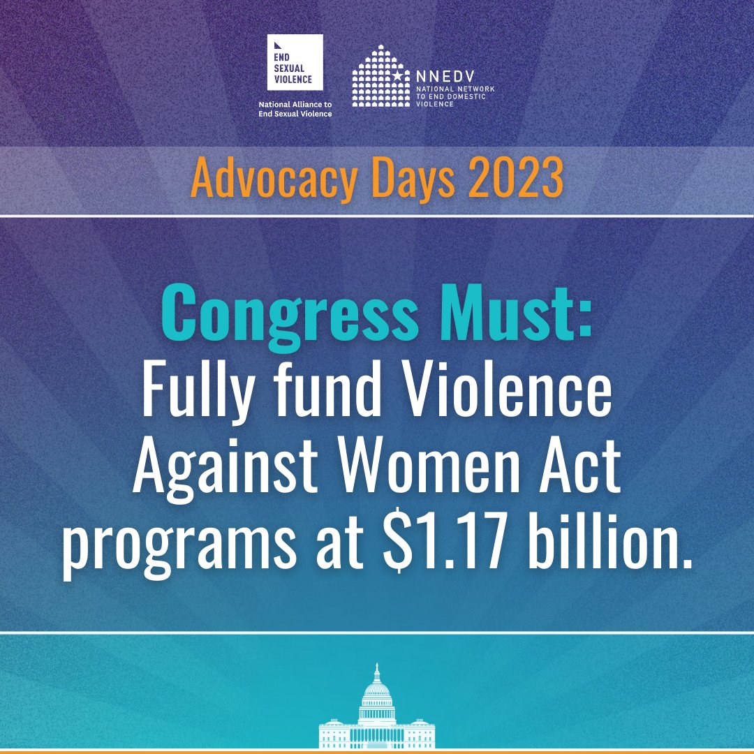 endsxlviolence's tweet photo. Violence Against Women Act (#VAWA) funding streams support comprehensive, specialized services to sexual assault and domestic violence programs. Congress can’t wait: it’s time to fully fund these programs. #AdvocacyDays https://t.co/cldXgIuBJ1