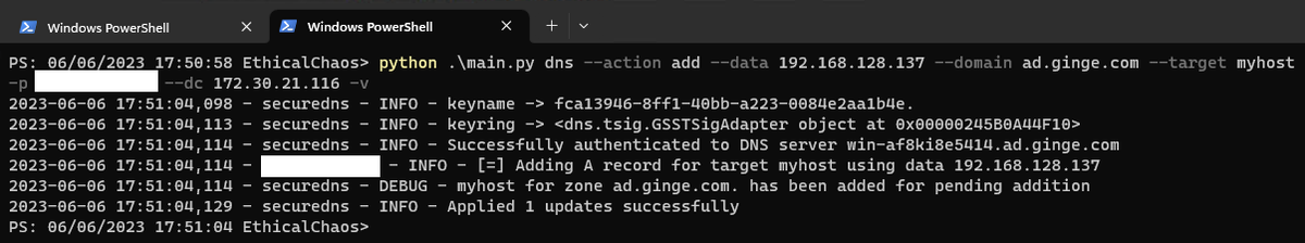 _EthicalChaos_'s tweet image. Been prepping the POC for my potential talk at DEF CON this year (if accepted).  A side affect of this is that I now have the ability to do direct instant Secure DNS updates to AD DNS over port 53 using any authenticated account, yay.