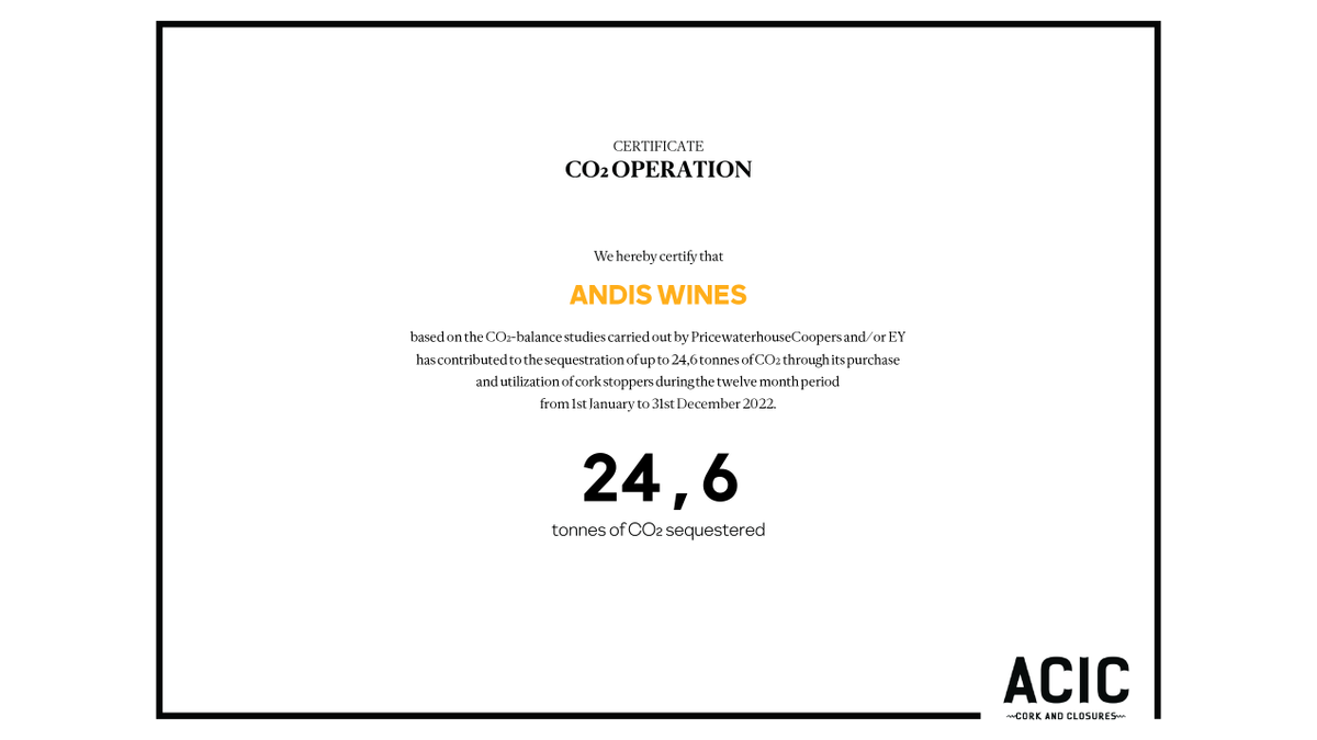 Our cork supplier recently honored us with a certificate highlighting our contribution to sequestering 24.6 tonnes of CO2 from the atmosphere - equivalent to what 1,025 trees would capture in a year! Learn more about our cork initiative here ~ andiswines.com/Blog/Blog-Arti…