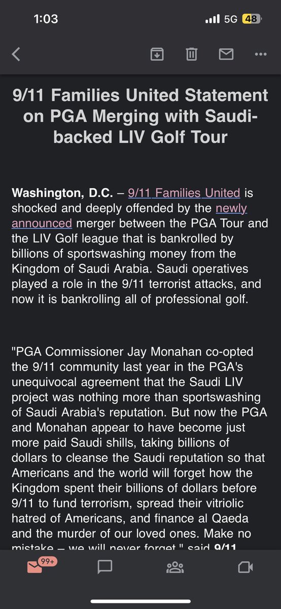 maxwelltani's tweet photo. 9/11 Families United statement on the LIV/PGA merger: “Our entire 9/11 community has been betrayed by Commissioner Monahan and the PGA as it appears their concern for our loved ones was merely window-dressing in their quest for money.” https://t.co/Oc6Rc6nPdO