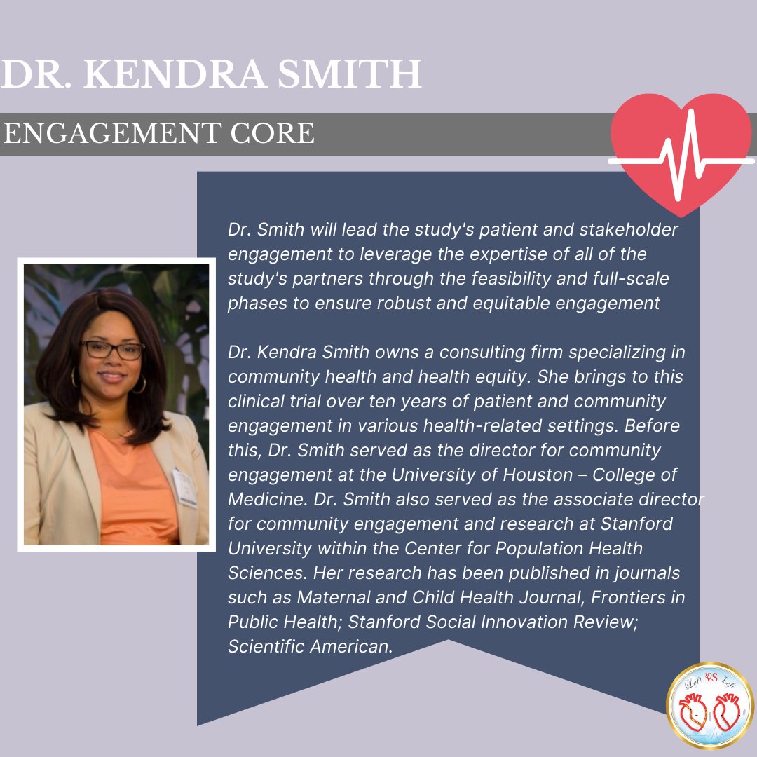 LeftvsLeft RCT (@leftvsleft) on Twitter photo Dr. Kendra Smith's role as Engagement Core in the Left vs. Left study! 
#LeftvsLeft #PCORI #Caridology #Electrophysiology 
Like, Retweet, and Follow to keep up with Left vs. Left and help us spread awareness about our cause.… See more Dr. Kendra Smith's role as Engagement Core in the Left vs. Left study! 
#LeftvsLeft #PCORI #Caridology #Electrophysiology 
Like, Retweet, and Follow to keep up with Left vs. Left and help us spread awareness about our cause.… See more