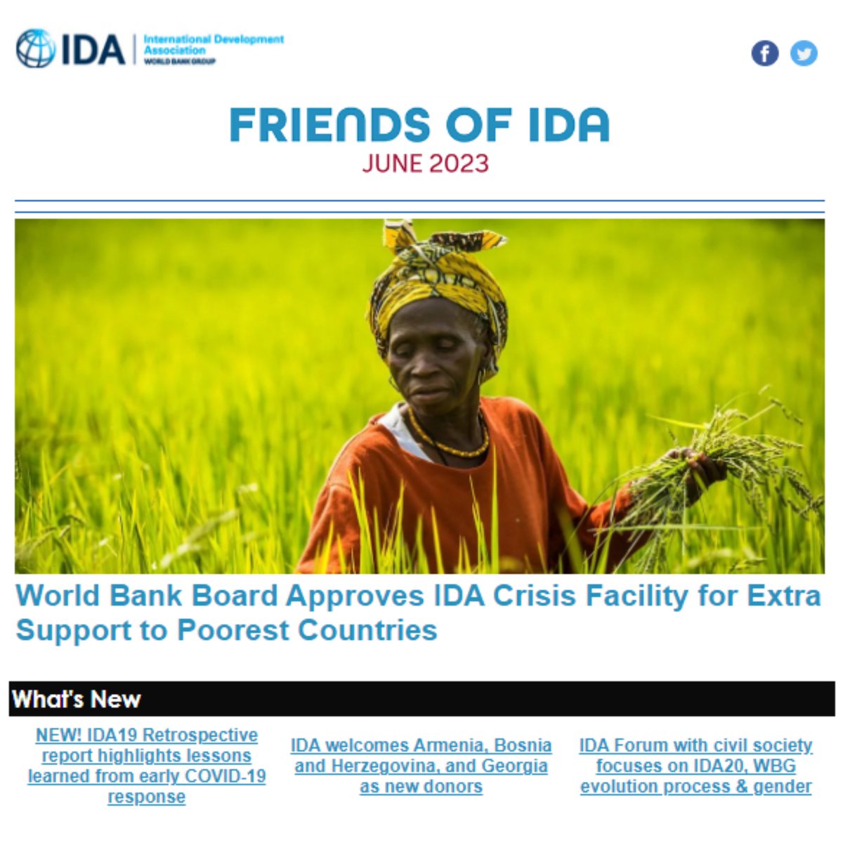 ✔️A newly approved Crisis Facility recommendation
✔️New donors from Europe and Central Asia 
✔️A hot-off-the-press IDA19 Retrospective report! 

All that and more in the latest Friends of IDA newsletter: wrld.bg/AGSJ50OH0QV #IDAworks