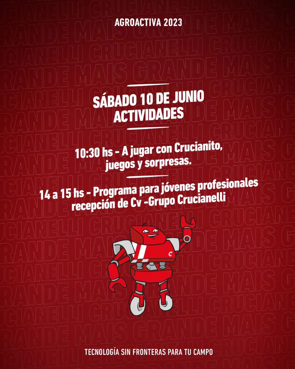 Calendario de actividades, Agroactiva 2023.👏👍

Vení a nuestro de stand y viví una experiencia unica.
Disfrutá de Agroactiva junto a Crucianelli.
Mucho más que máquinas.
@pirulo.ook
@crucianelli_oficial
<a href="/leaf/">LEAF</a>.agrotronics
<a href="/qmaniarmstrong/">Qmaniarmstrong</a>
<a href="/agroactiva/">AgroActiva</a>
#agroactiva #campoargentino