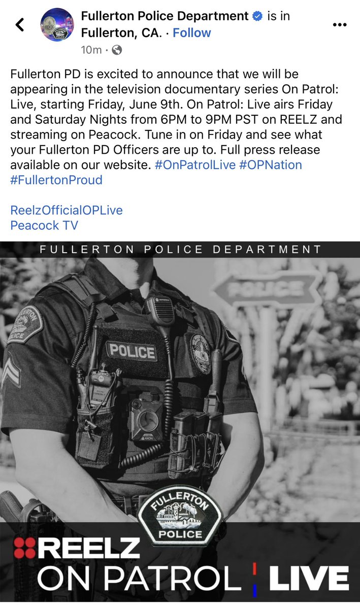 Here is an announcement from the Fullerton Police Department regarding #OnPatrolLive @fpdpio #OPLive #OPNation
