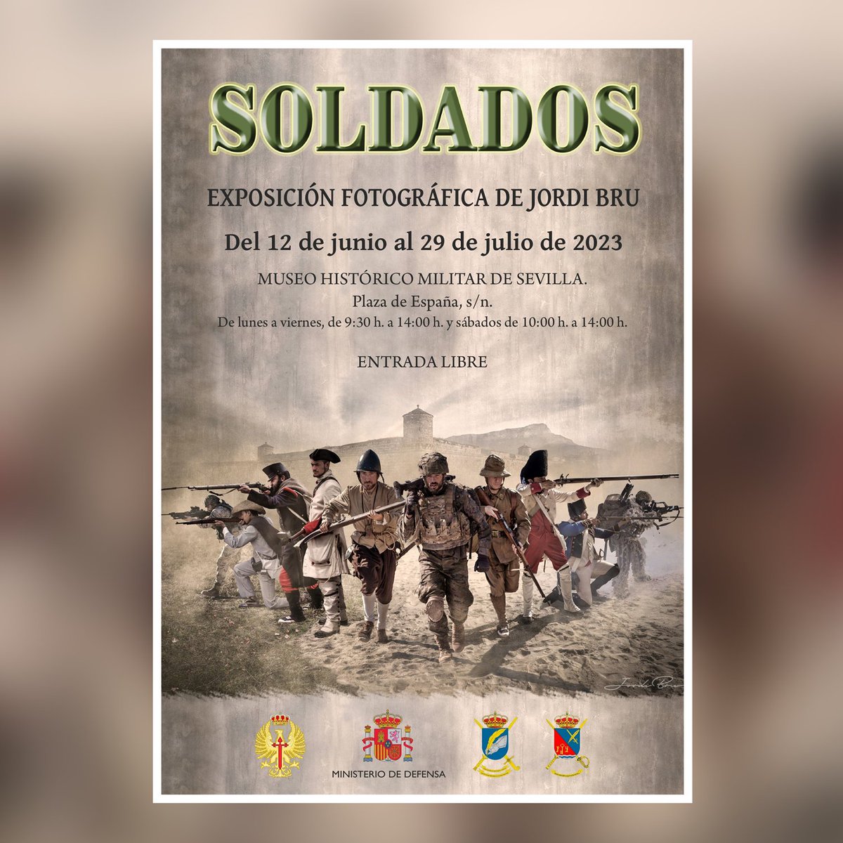 PlataformaMill1's tweet photo. El #Museo Histórico Militar de #Sevilla alberga desde el #próximo día #12Junio hasta el #29Julio la #exposición SOLDADOS, de Jordi Bru. Podrá ser #visitada de 9:30 a 14 h (#Lunes a #Viernes) y de 10 a 14 h (sábados). Entrada gratuita.
Vía: @DHCM_ET https://t.co/U0x6FkIyGN