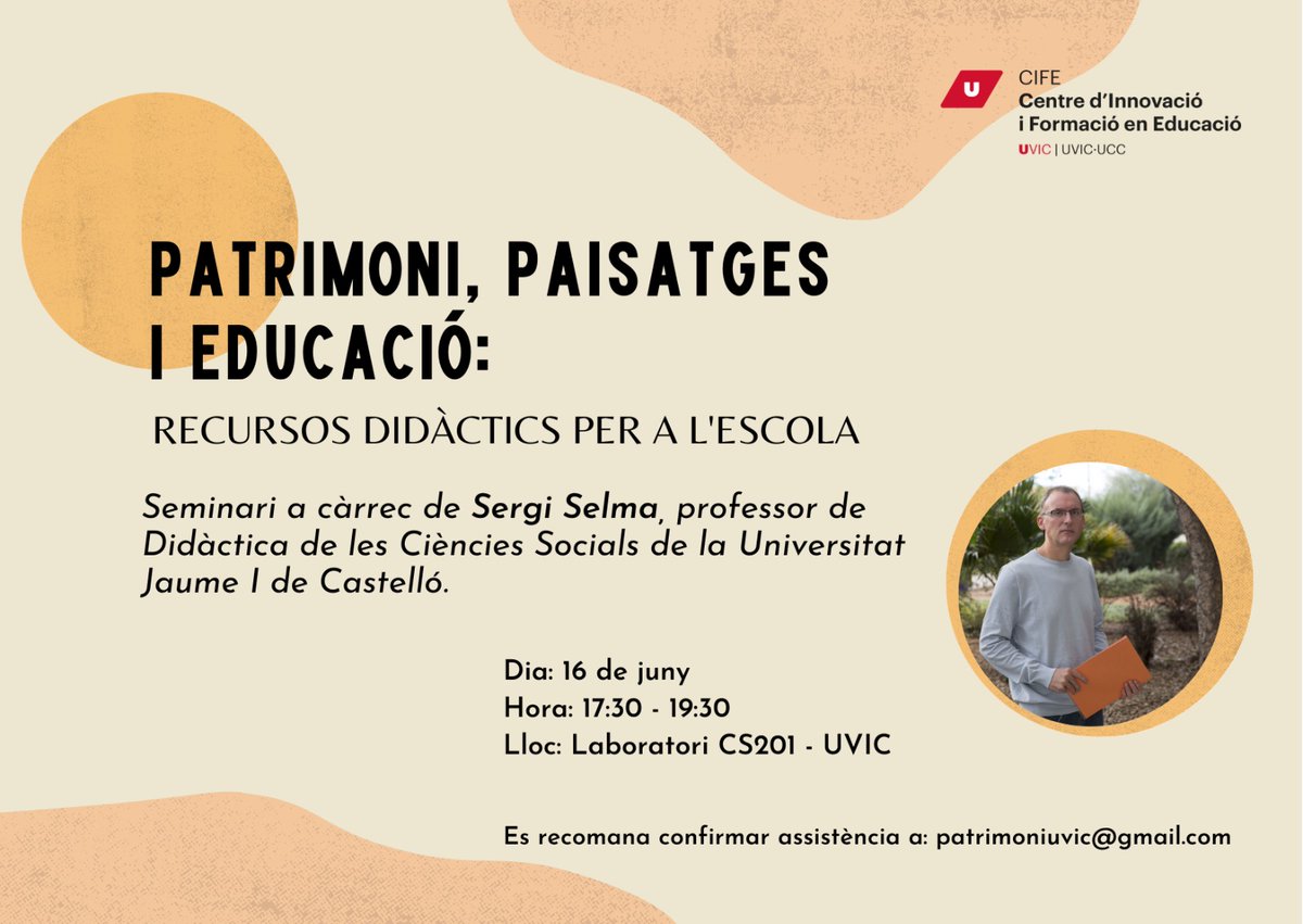 T'interessaria descobrir com acostar el Patrimoni Local a l'alumnat? Anima't i participa en el seminari de didàctica PATRIMONI: PAISATGES I EDUCACIÓ! #grupdepatrimonilocal #uvic #universitatdecastello #didactica #patrimonialaula #escola #educacio #vic <a href="/uvic_cife/">CIFE - Centre d'Innovació i Formació en Educació</a>