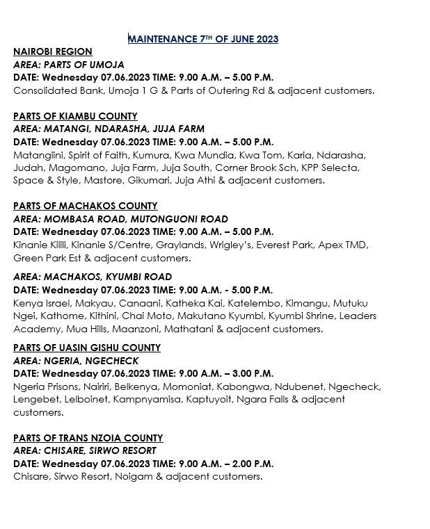 KenyaPower_Care's tweet photo. Hello, please find the areas on maintenance tomorrow, 7th of June 2023.^MM https://t.co/nN3I6EJuyu