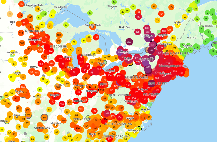 The smoke -- making the Eastern U.S. look like California at the peak of fire season -- is not normal. The air is compromised from Minneapolis to DC to Boston, and the worst from western NY to arround Ottawa. A thread... 1/