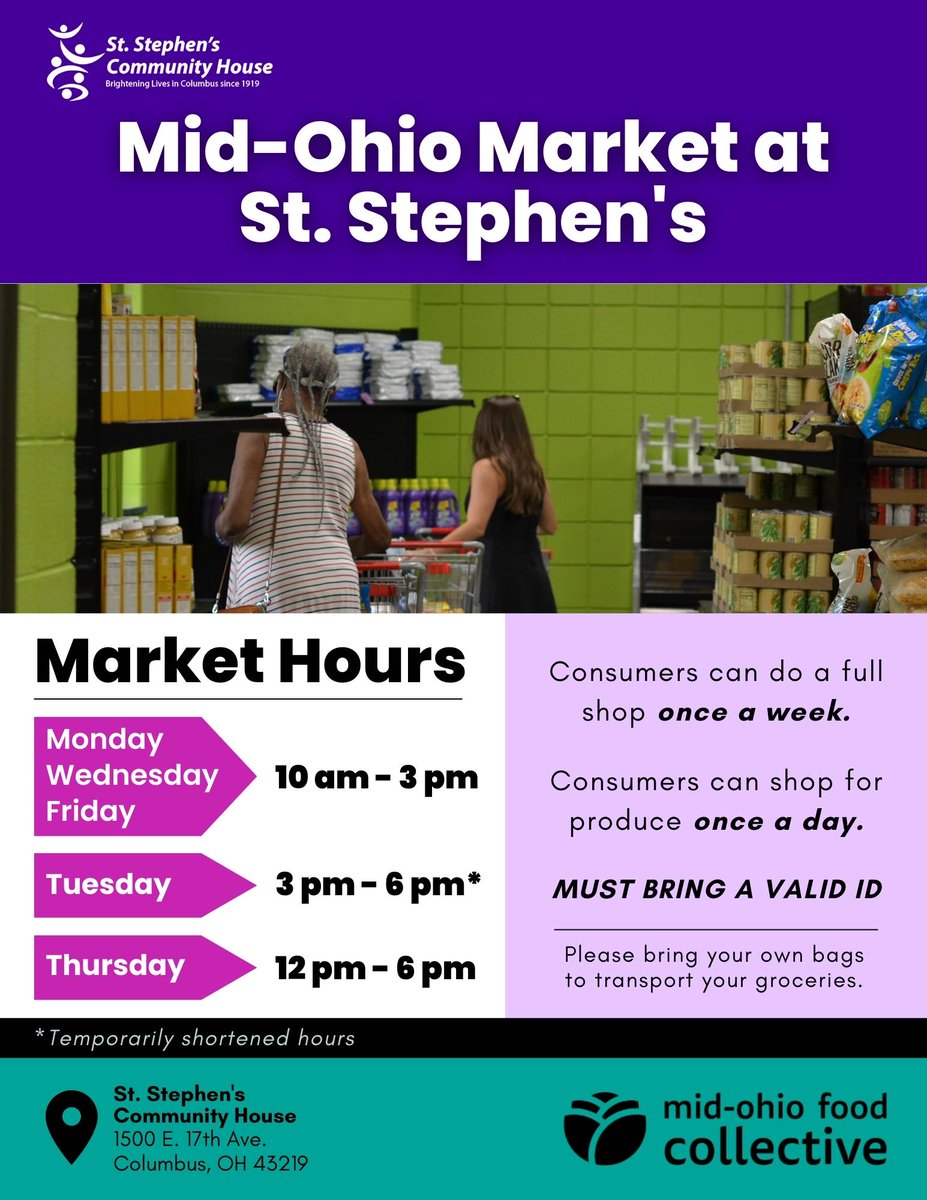 Tuesdays' hours at the Mid-Ohio Market at SSCH will be temporarily changing! Our market will be open on Tuesdays from 3-6 pm. All other hours remain the same. We apologize for any inconvenience! We will keep you updated when these hours return to normal.