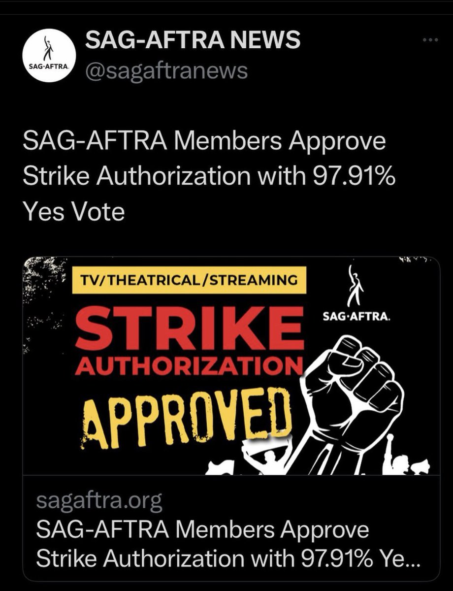 vcharters's tweet photo. 97.91 % Yes vote. #SAGAFTRAmember
#SAGAFTRAstrong 
#WGA #unionstrong https://t.co/q4Rc6W9kWa