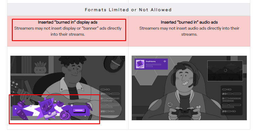 HOUNGOUNGAGNE's tweet photo. This is crazy! Twitch just pushed an update on their TOS that will, Starting 1st July 2023:

- Forbid creators from running banners on their stream. 
- Limit to 3% the screen-space of logos
- Forbid creators from showing video 'burned in' ads.
These are the most commonly used! https://t.co/cH2s0BLThy