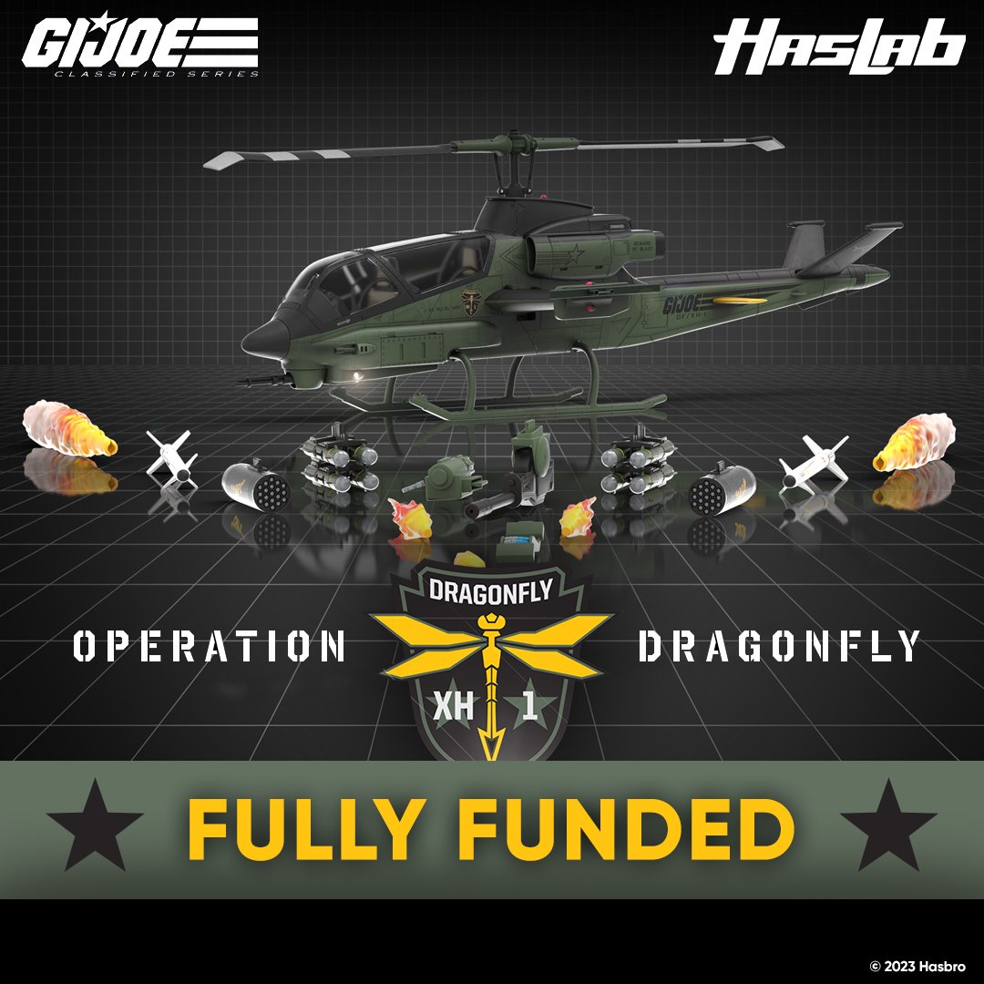 The G.I. Joe Classified Series Assault Copter Dragonfly (XH-1) is FULLY FUNDED! Stay tuned for the reveal of the Tier 1 Classified Unlock! There is still time to back this #HasLab! See HasbroPulse.com for more details!
