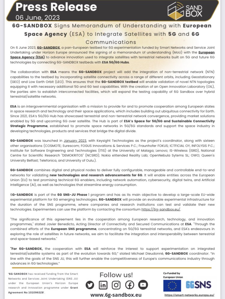 6GSANDBOX's tweet image. #learnabout6GSANDBOX 🚀 6G-SANDBOX project proudly announces the signing of the MoU with @esa European Space Agency - ESA, to Integrate Satellites with 5G and 6G Communications! Read here=&amp;gt; 6g-sandbox.eu/wp-content/upl…
@6G_SNS 
#6gsandbox #research #5g #6g #innovation #snsju