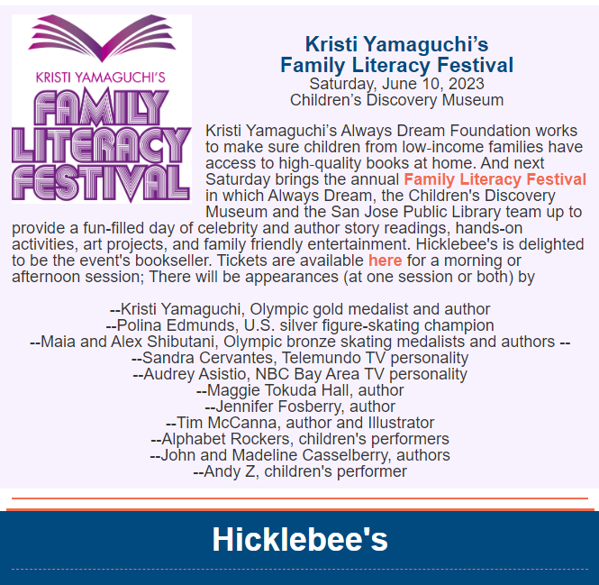 EastWestLit's tweet photo. Jennifer Fosberry @jenfos will be part of @kristiyamaguchi's Family #Literacy Festival June 10th at @PurpleMuseum San Jose, CA.  

Bay Area friends--tix available here: https://t.co/rkykgB8zeP  
@Hicklebees @sanjoselibrary @SourcebooksKids @KPIXtv @kron4news @abc7newsbayarea https://t.co/wTe3YgCiCZ