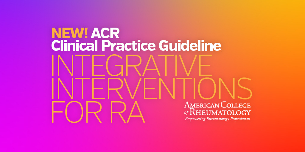 New ACR Clinical Practice Guideline provides recommendations addressing integrative interventions, such as exercise, rehabilitation, &amp; diet, for the management of #RA. View full manuscript → acr.tw/3oLDpwt