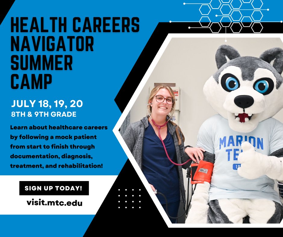 Go2MTC's tweet image. Health Careers Navigator Summer Camp spots are still open. From July 18, 1:00 p.m. to July 20, 4:00 p.m. Go to visit.mtc.edu for more information and to register! #GetToNext @MarionTech @MTC_CCP