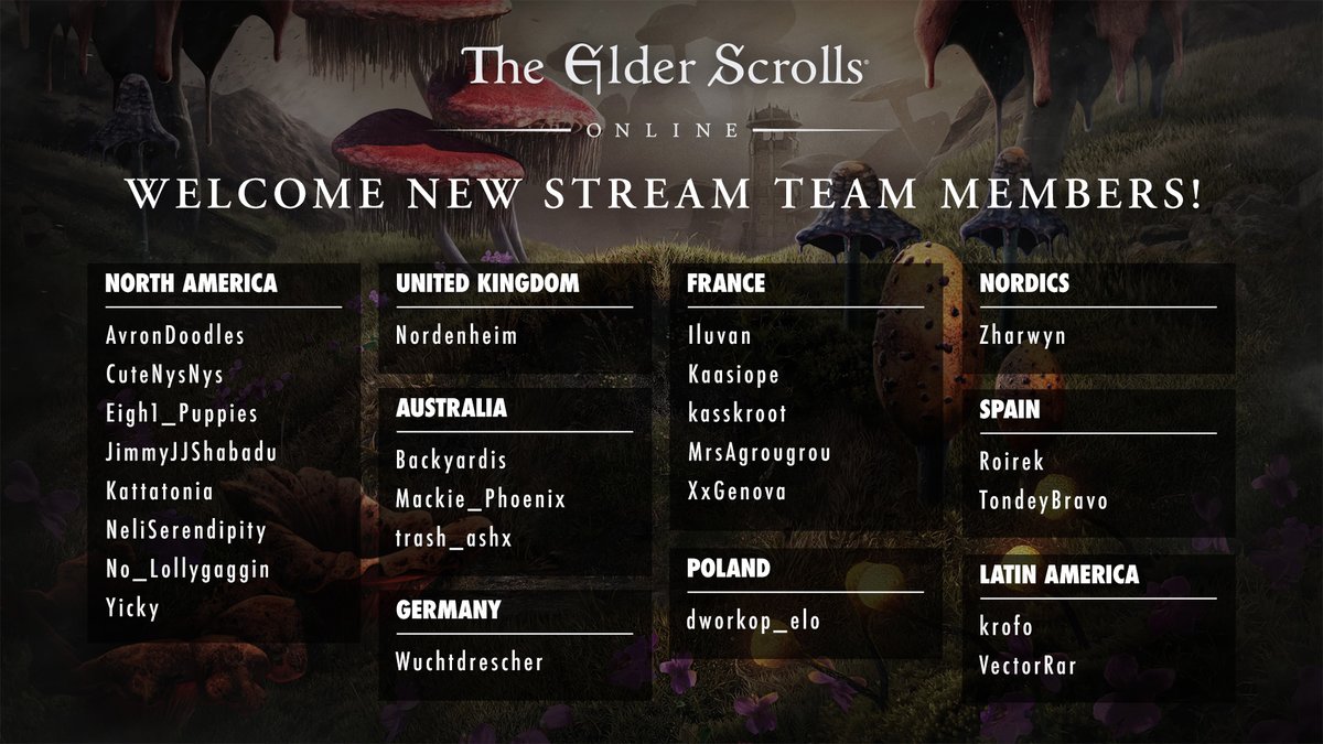 TESOnline's tweet image. We’ve kept it a secret long enough.  😏 We’re thrilled to welcome the latest additions to the #ESO Stream Team! Congratulations to our new members!