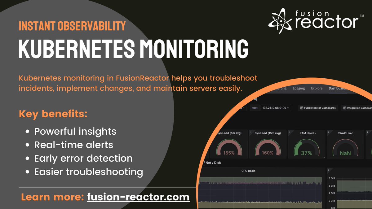 Fusion_Reactor's tweet image. 🚀 Deploy the Kubernetes-Prometheus-Stack and supercharge your metrics! 📊🌐 Harness the power of FusionReactor to visualize your Kubernetes cluster data effortlessly! 💪✨ #Kubernetes #Prometheus #MetricsMadeEasy #DataVisualization #KubernetesDashboard&quot; bit.ly/410VHXE