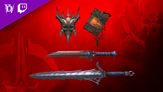 Diablo 4 in game items, including a piece of headgear, two swords, and a wood bound book against a red background. A Diablo 4 and Twitch logo on the top left.