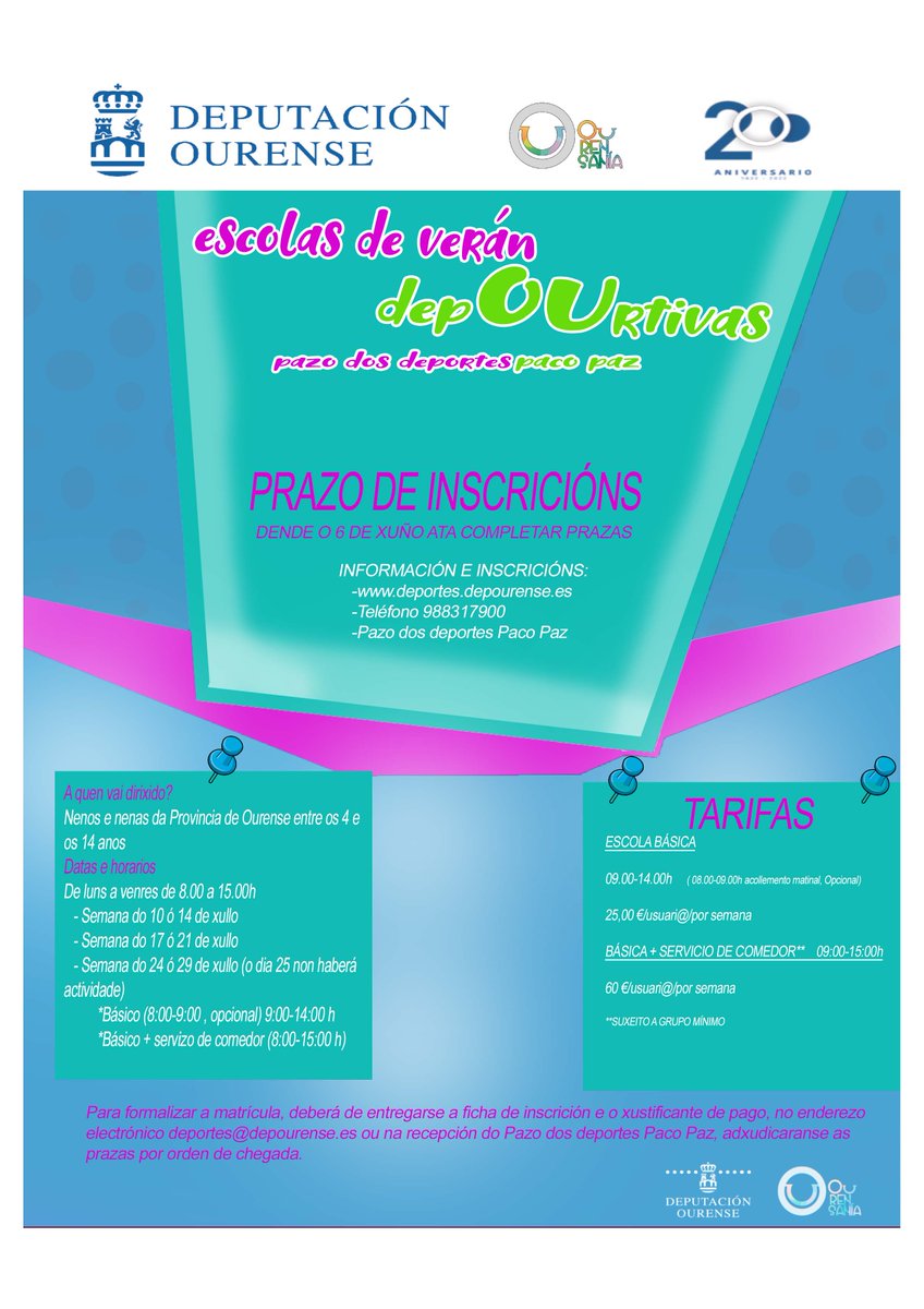 𝗗𝗲𝗽𝗢𝗨𝗿𝘁𝗶𝘃𝗮𝘀 - Escolas de verán'2023 no <a href="/PazoPacoPaz/">Pazo Paco Paz</a> 
Actividade para nenos e nenas da provincia de Ourense entre os 4 e os 14 anos. pazopacopaz.es/index.php/273-…