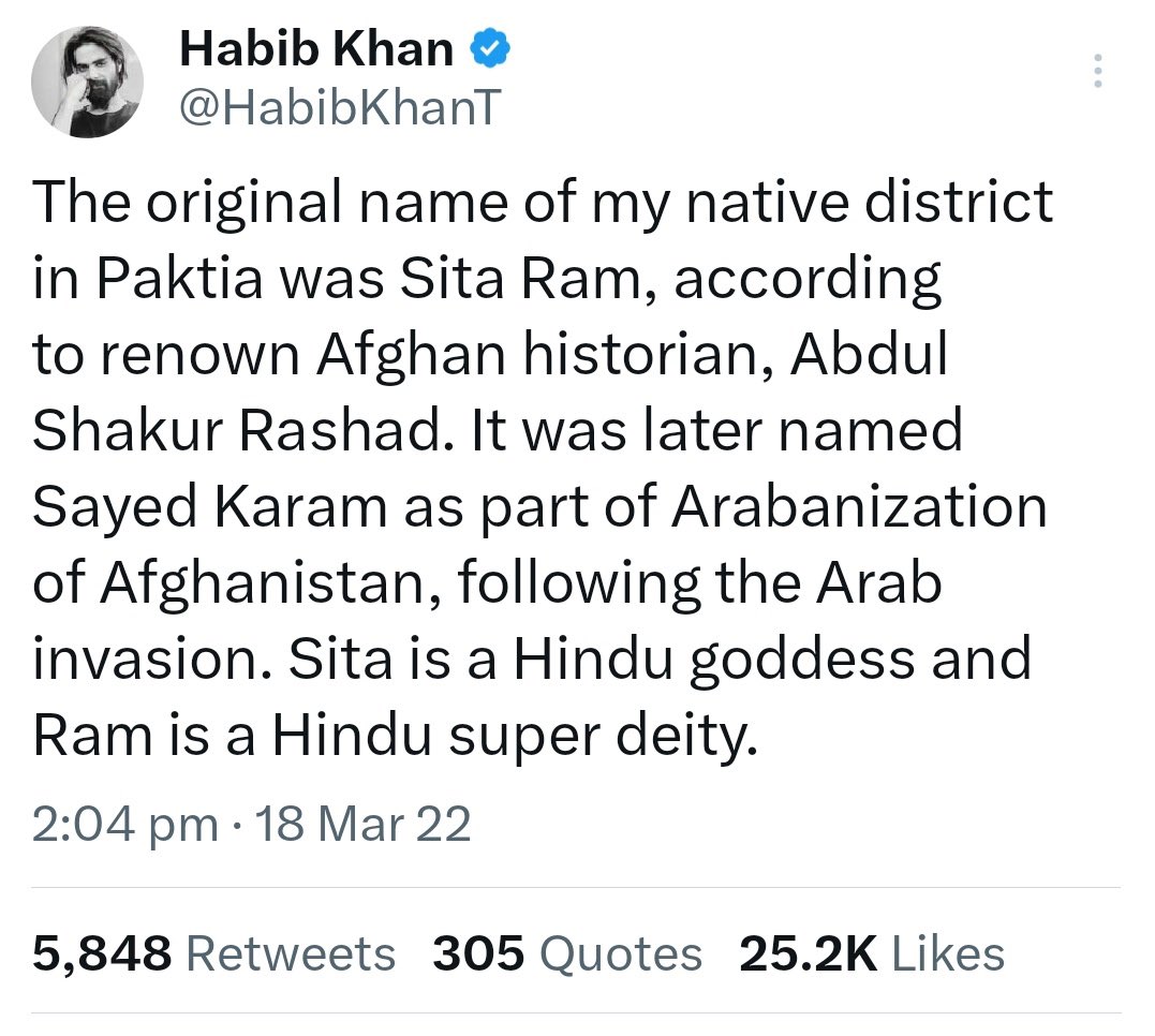 @HabibKhanT This is a story you made up for yourself. First of all Paktia was never a province of Afghanistan until the 1960s. So the province and most of its districts got it’s names in 1964 so not by “Arabs” from the 9th century.