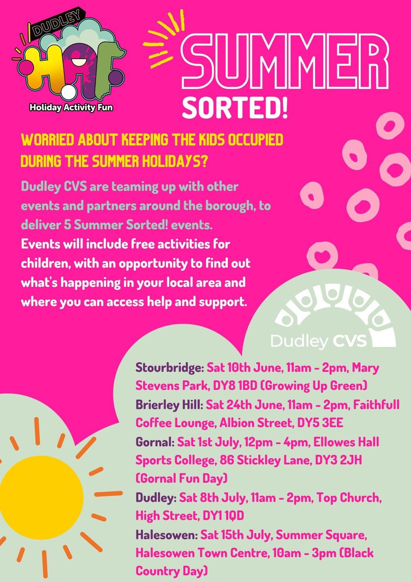 DudleyCVS's tweet photo. Free Summer Sorted! events for families helping you to get Summer Ready 😁☀️ https://t.co/H7skZUoivp