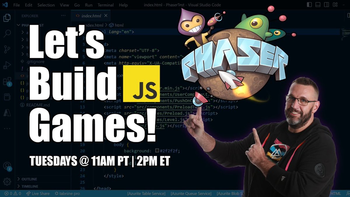 JeremyCMorgan's tweet image. Join me LIVE now! I'm building a 2D platformer game in JavaScript using Phaser.js 

twitch.tv/pluralsight_li…

#html5 #phaser #gamedev