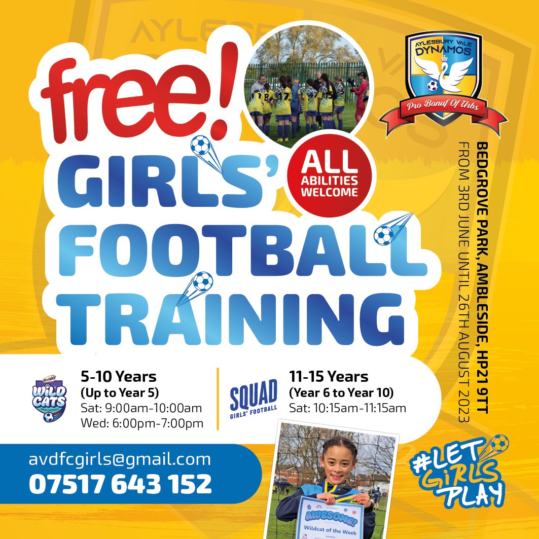 #WeetabixWildcats is back on Wednesday from 6-7pm at Bedgrove Park. We are hosting a summer of FREE girls’ football training. All abilities welcome!

#LetGirlsPlay #TakeYourChance @AylesNews @BerksandBucksFA @bucks_herald @YourBucksRadio @ValeLifeMag @wendover_news @BBC3CR