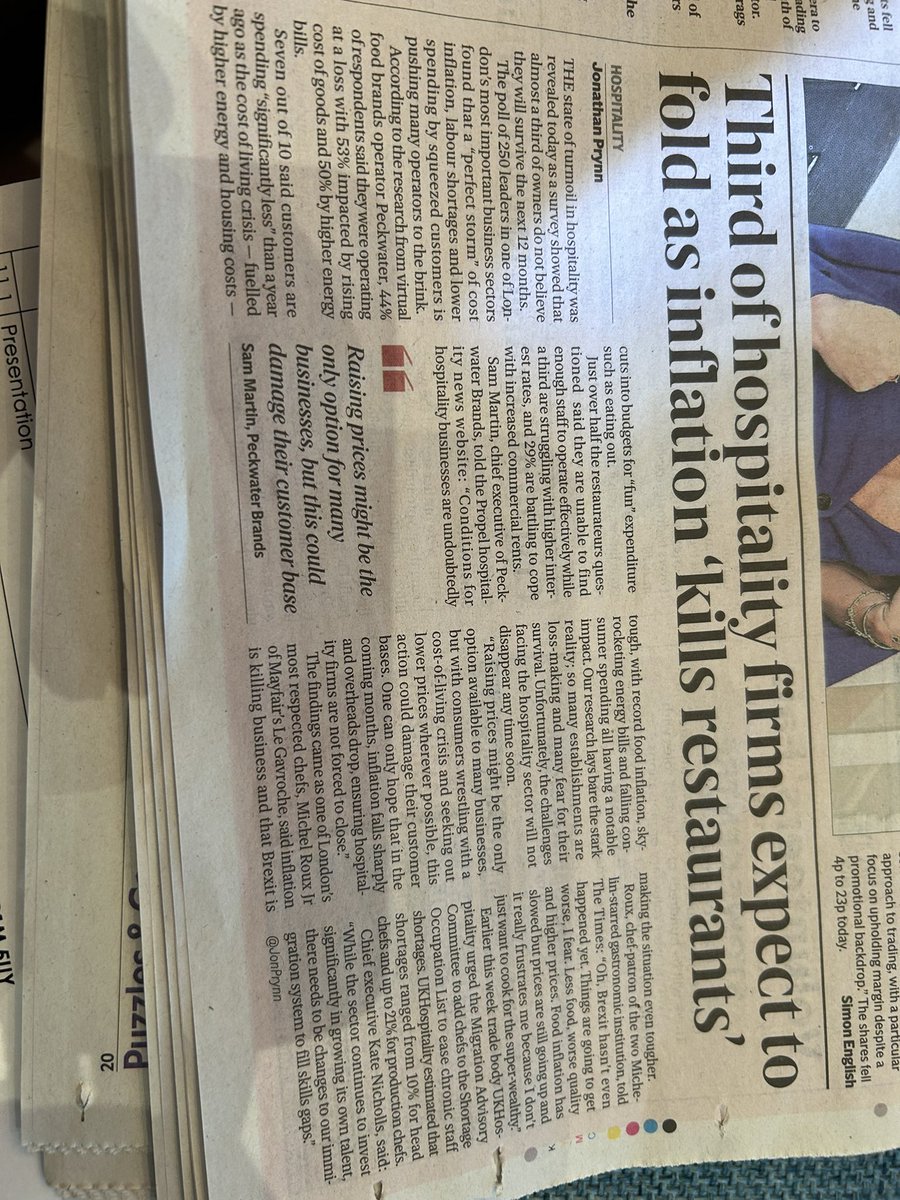 A third of hospitality firms at risk of failure as inflation hits - energy costs, food and labour shortages/wage rates spiral. Urgently needs govt action otherwise 3 of PMs 5 economic priorities won’t be met