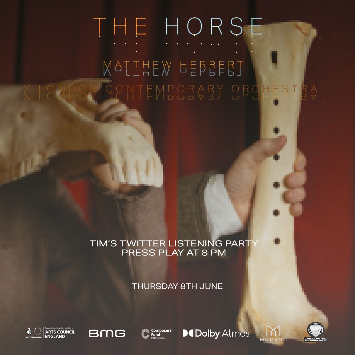 matthewherbert's tweet photo. join me with #TimsTwitterListeningParty @LlSTENlNG_PARTY on Thursday at 8pm uk time. I'm going to live tweet the record I made with a horse skeleton and @LCOrchestra in real time (as you listen along). Will talk about how/why i made it. and answer questions if you have any. https://t.co/weeMtFsyvZ